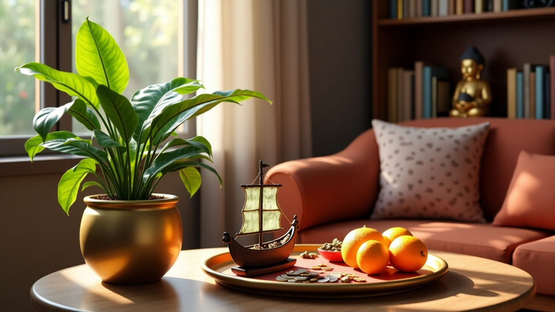 Feng Shui wealth corner with golden money plant, flowing fountain, citrine crystals, laughing Buddha, and red envelopes in warm emerald and gold tones.