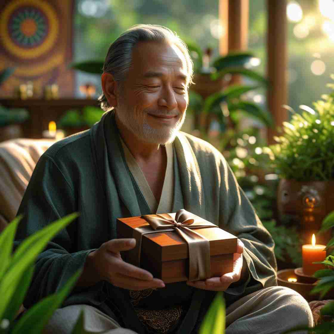 A spiritually inspired dad smiling while holding a meaningful Father’s Day gift such as a black leather wallet or crystal accessory, in a peaceful, zen-like setting.