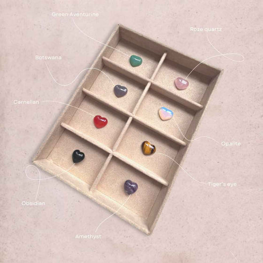 Various crystal accessories like necklaces, bracelets, and rings displayed on a neutral background, with each crystal labeled for different energy types such as calm, focus, and protection.