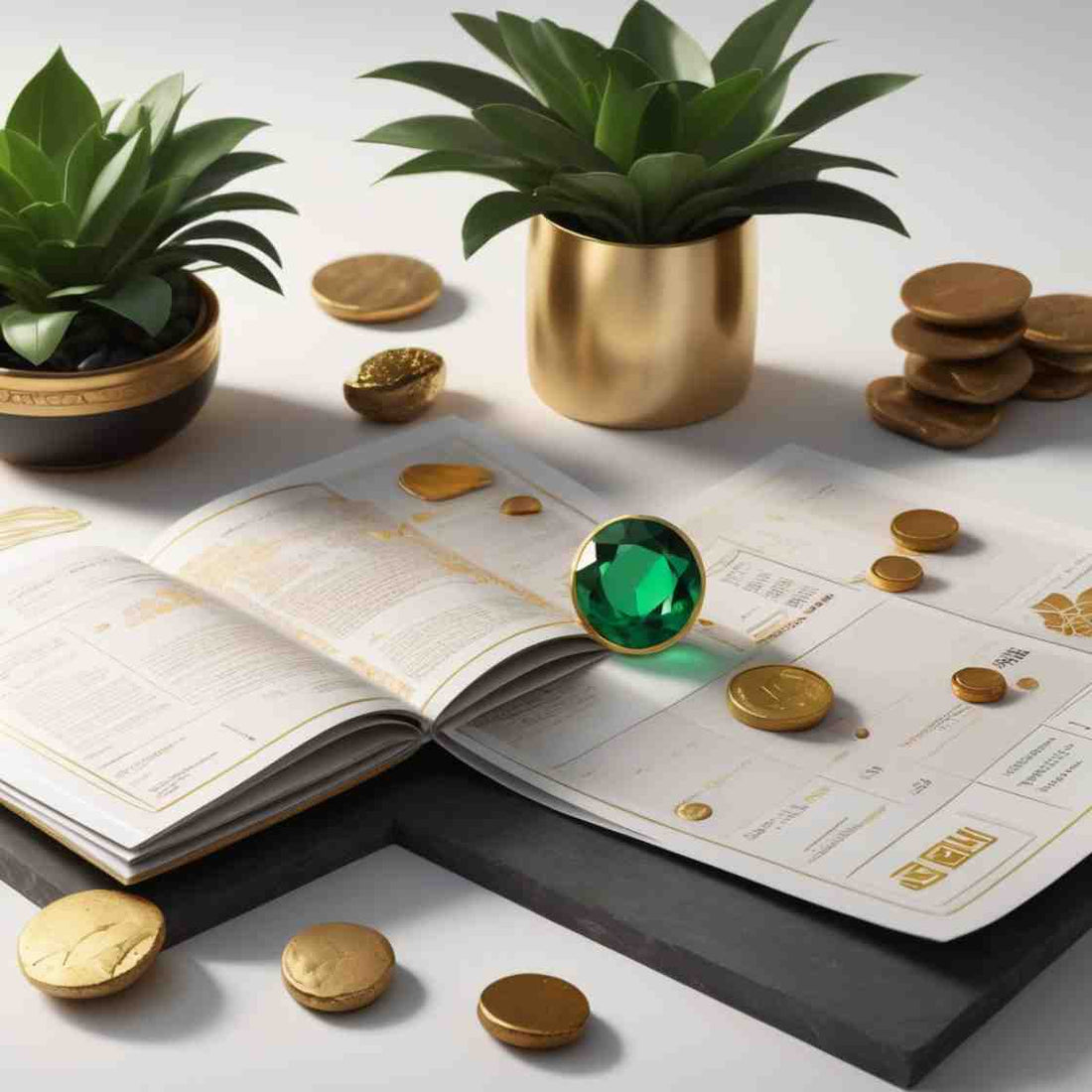 A luxurious Onyx Black wallet, partially open, surrounded by gold coins, a green plant, and brown stones on a light background, symbolizing lucky Feng Shui colors and wealth for 2025.