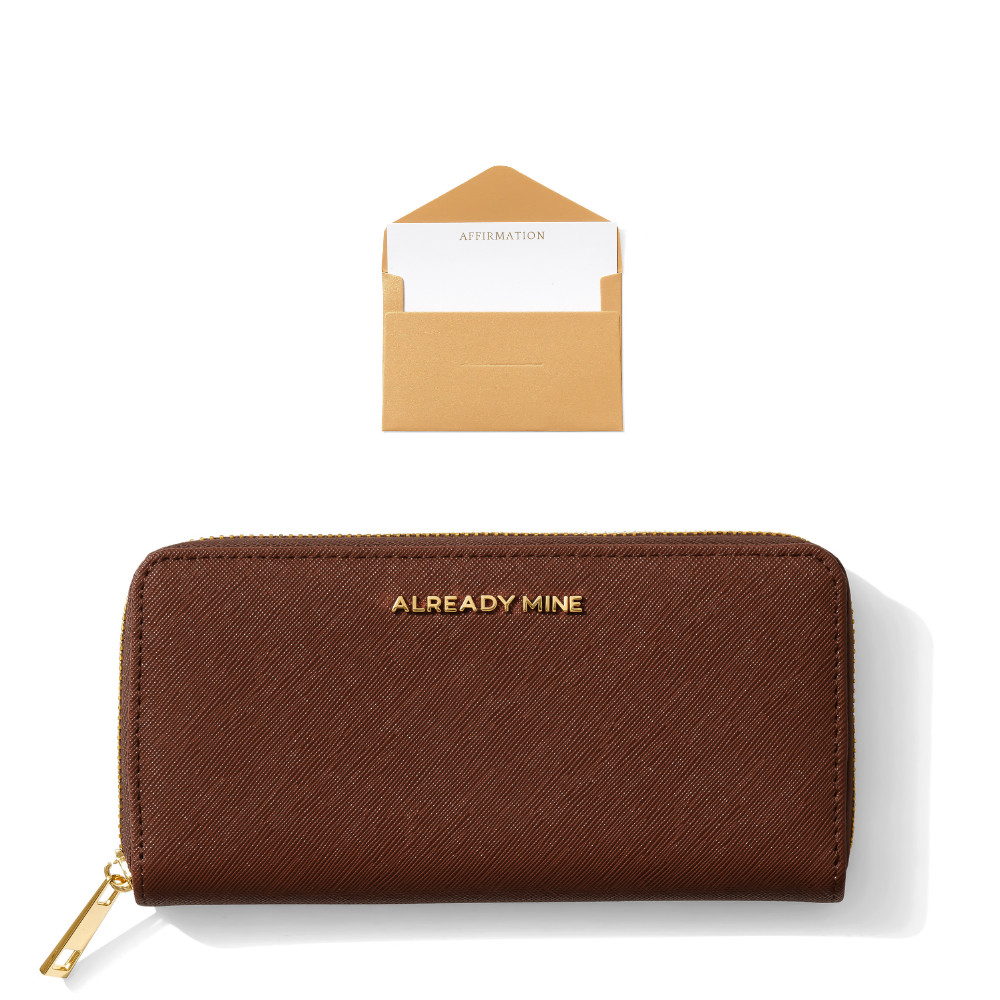 Brown manifestation wallet and serenity spray for calm & balance