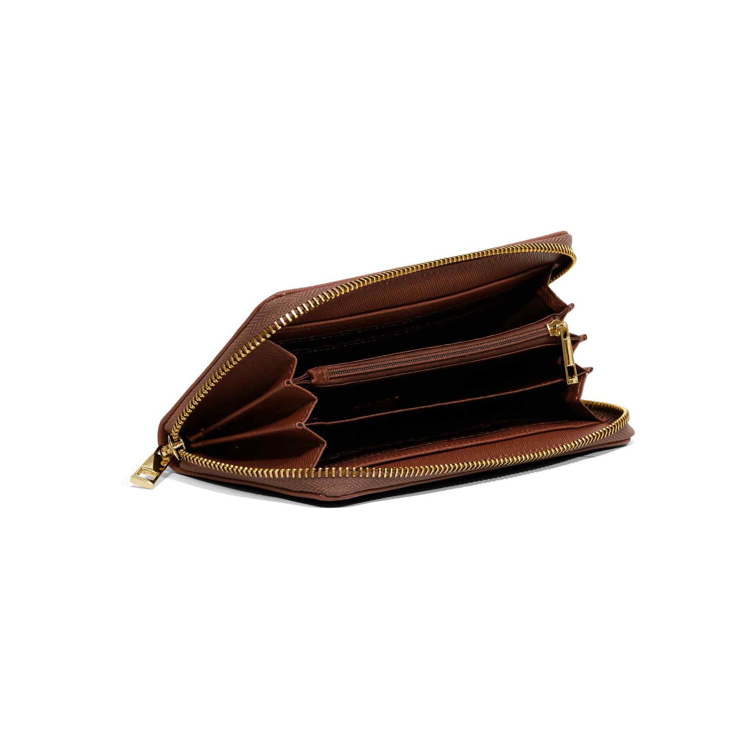 Open Manifesting Wallet revealing multiple card slots, a clear ID window, and a spacious bill compartment. The rich Earth Brown leather and intentional design promote rooted prosperity and financial mindfulness.