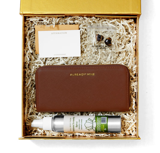 Stability & Grounding Manifestation Gift Set – brown wallet & grounding crystals