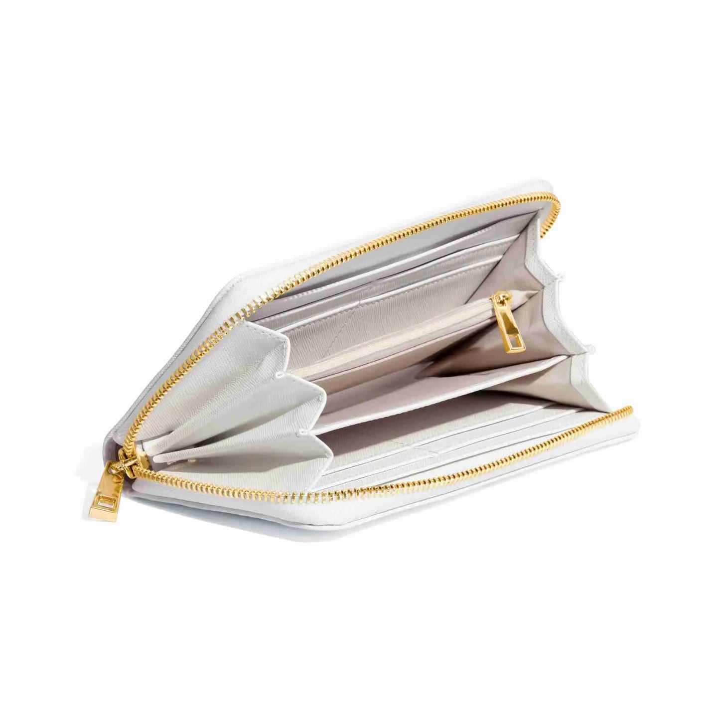 Luxury white manifestation wallet with affirmation engraving and energy-boosting crystal.