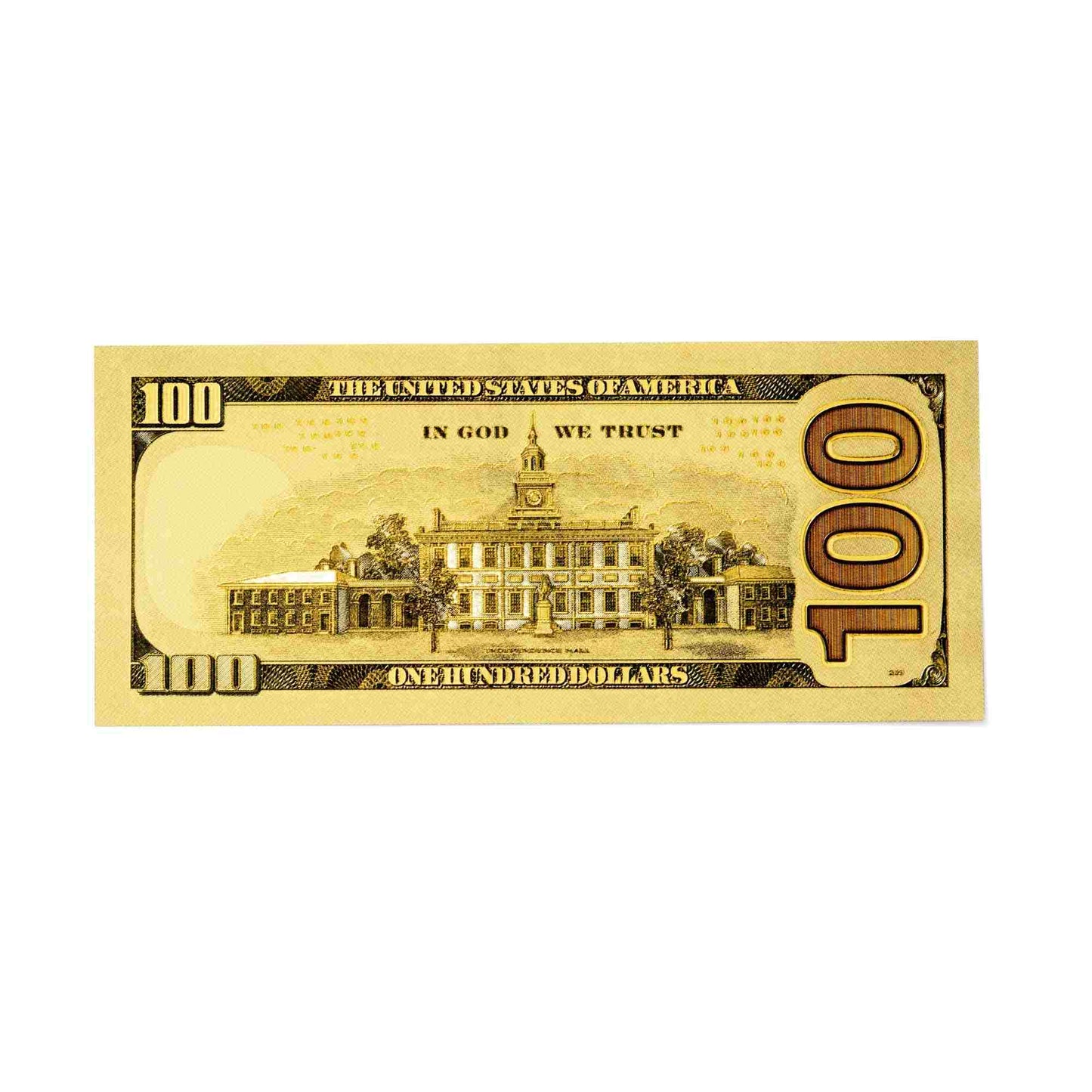 Reverse side of a golden 100 dollar bill showing Independence Hall with a textured metallic gold finish for abundance rituals.
