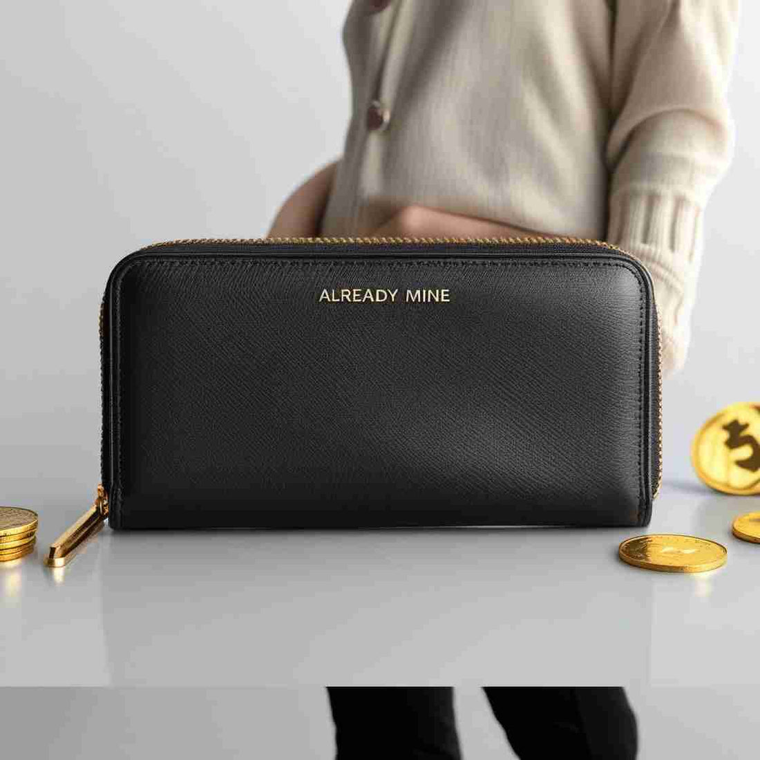 Elegant woman holding a luxurious black Feng Shui wallet with gold zipper and "Already Mine" logo, symbolizing wealth, power, and money energy.