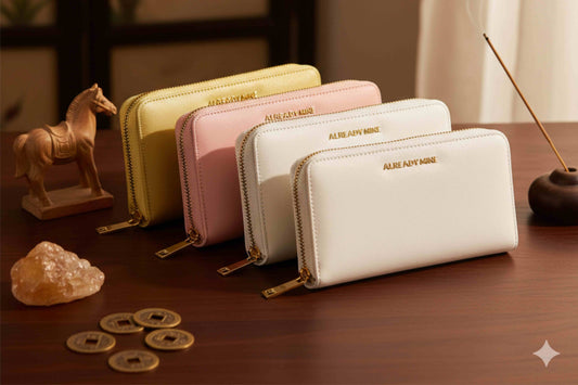 Four branded Already Mine manifestation wallets in Gold, Ecru, White, and Pink, designed with Feng Shui principles to attract wealth and stability during the Year of the Horse 2026.