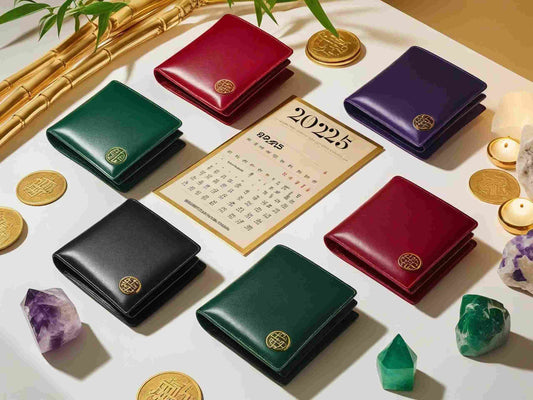 Assorted Feng Shui wallets in green, gold, red, black, and purple arranged with Chinese coins and crystals on a minimalist surface — symbolizing wealth and abundance in 2025.