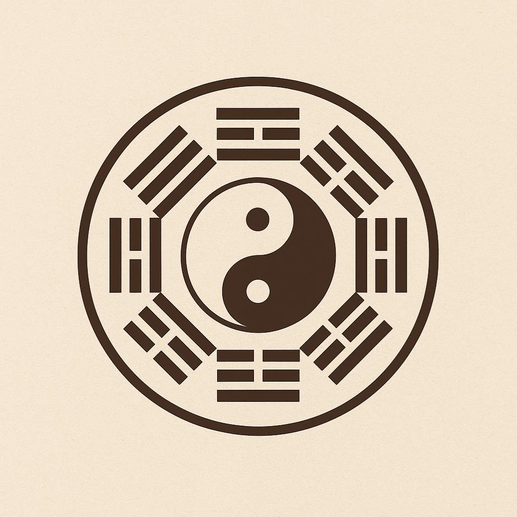 Minimalist Feng Shui Bagua symbol with yin yang center, representing balance, energy flow, and personal direction.