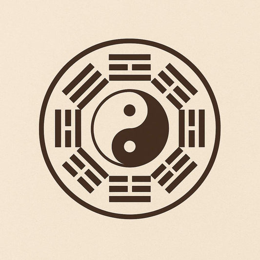 Minimalist Feng Shui Bagua symbol with yin yang center, representing balance, energy flow, and personal direction.