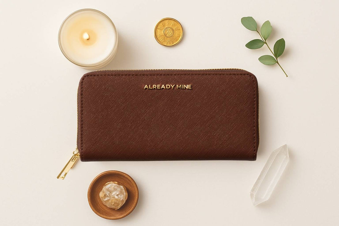 Minimalist feng shui brown wallet setup showing clean wallet energy for financial clarity