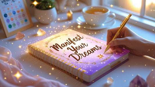 Manifest Your Dreams lies open on a cozy table, with a hand writing using a golden pen, surrounded by soft sunlight, sparkles, a crystal, and a cup of herbal tea—symbolizing calmness, clarity, and the beginning of a manifestation journey.