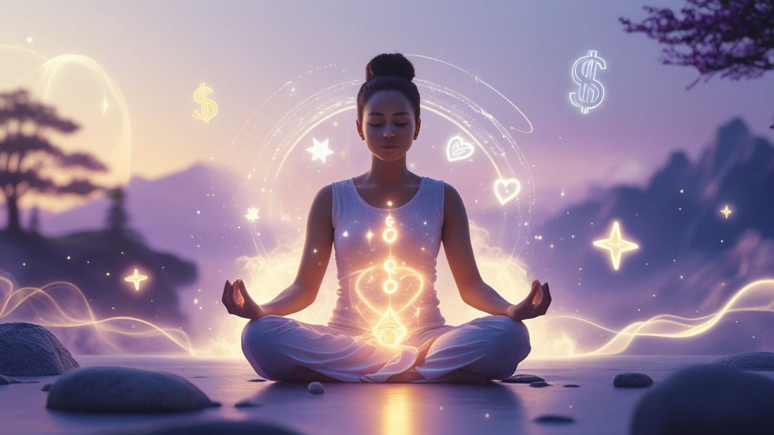 A serene image of a person meditating with glowing energy, surrounded by symbols of abundance and positivity, set against a calming, mystical background.