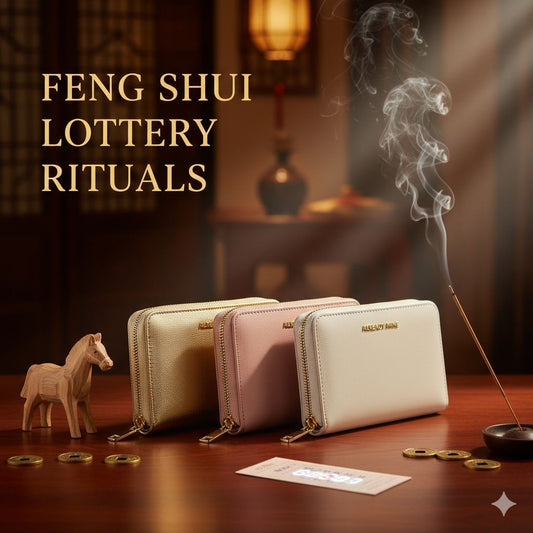 Three Already Mine manifestation wallets (Gold, Pink, and White) arranged on a table with a wooden horse and gold coins to symbolize Feng Shui wealth rituals for 2026.