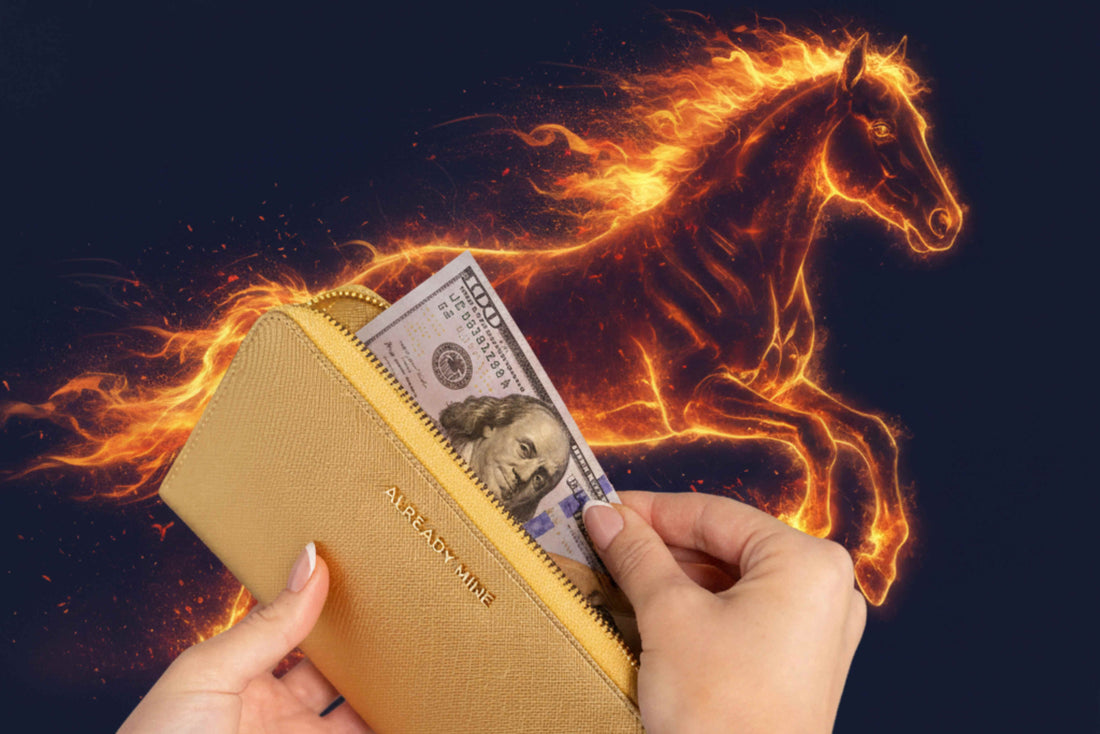 Luxury leather wallet in lucky 2026 Feng Shui colors (black and gold etc) with a stylized Fire Horse emblem, symbolizing wealth and speed.