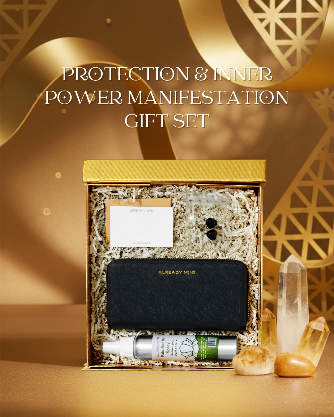 Protection & Inner Power Manifestation Gift Set – Wallet, Crystals & Ritual Mist
