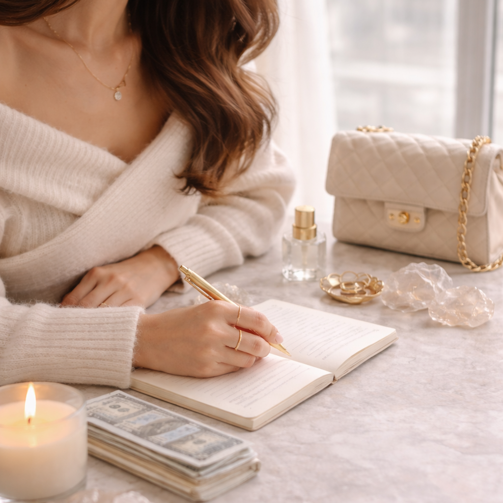 Woman writing in a notebook with a candle, crystals, and a handbag on a table.