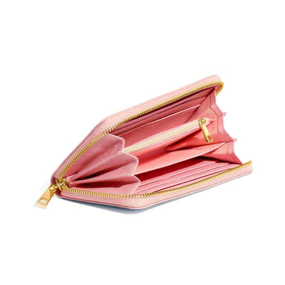 Pink manifestation wallet featuring an Aventurine Heart Crystal, known for attracting financial luck.
