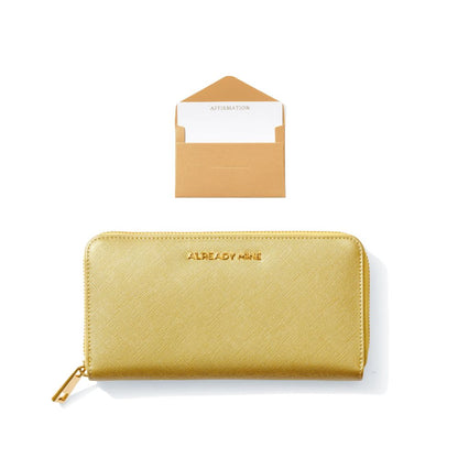 Gold manifestation wallet with prosperity crystals and intention mist