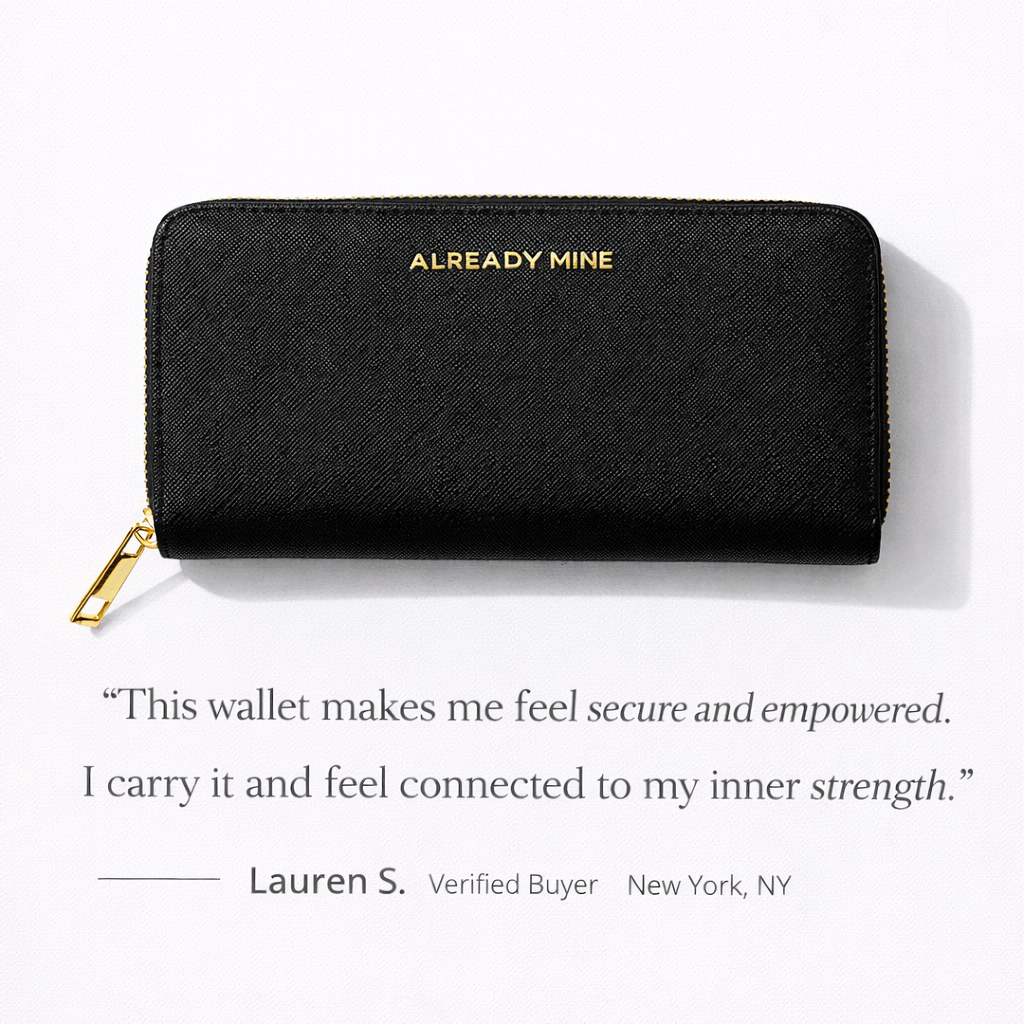 Customer testimonial showing a black manifestation wallet designed for protection, confidence, and inner power