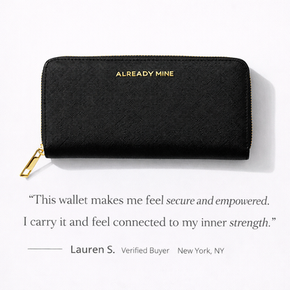 Customer testimonial showing a black manifestation wallet designed for protection, confidence, and inner power