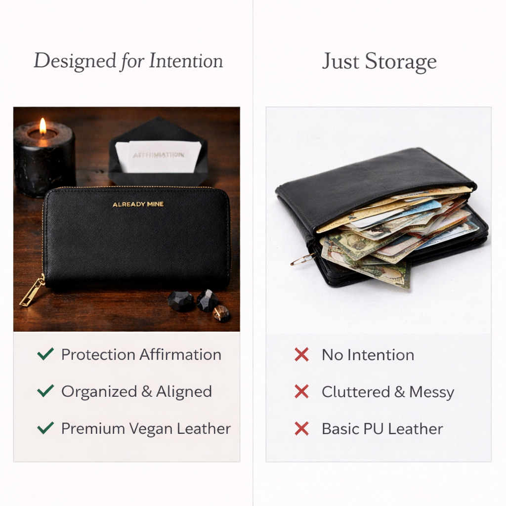 Comparison of black Feng Shui manifestation wallet for protection and inner power versus a regular wallet showing clutter and stress
