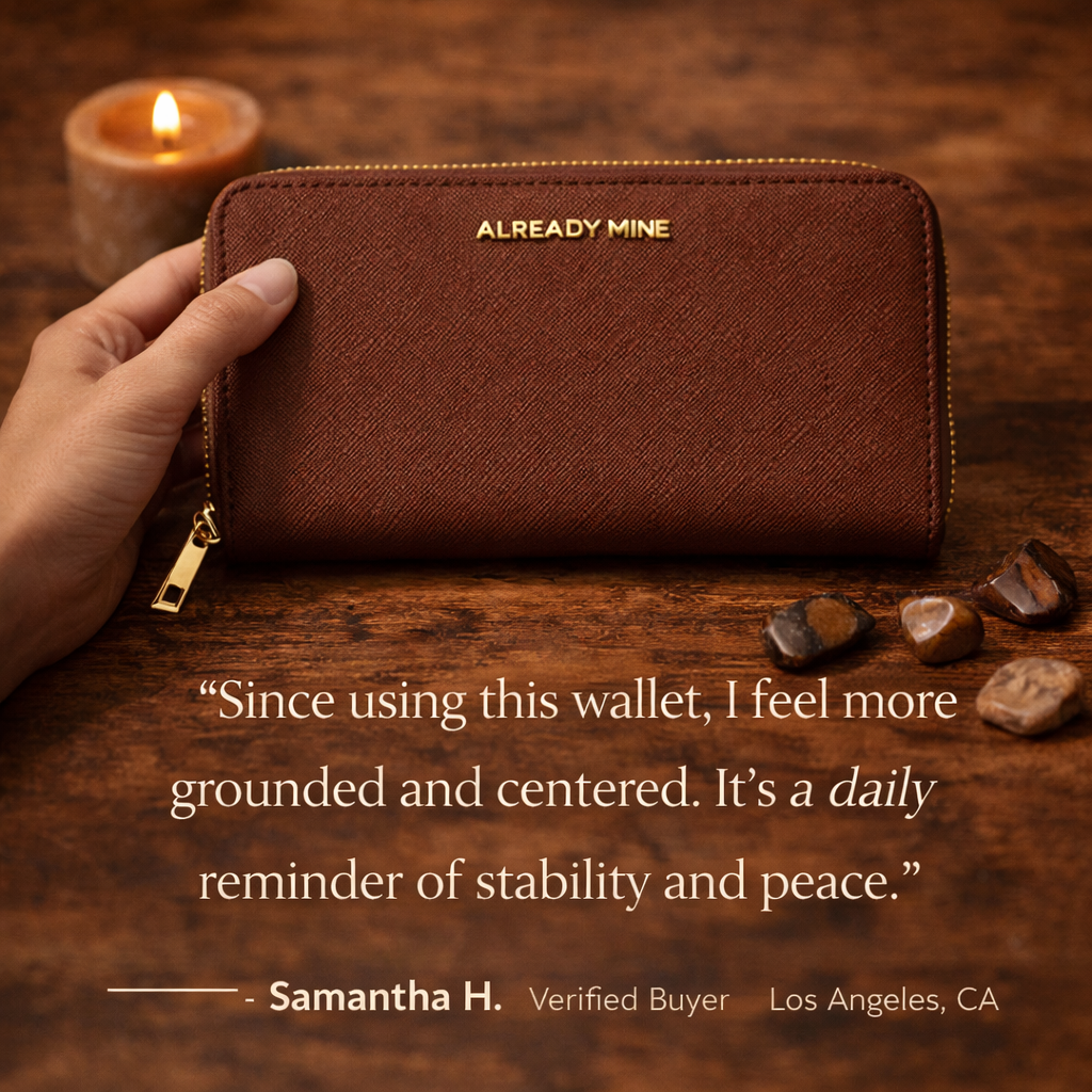 Customer holding a brown manifestation wallet designed for grounding, stability, and calm energy
