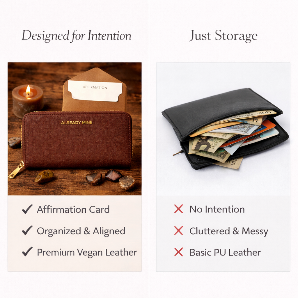 Comparison of brown Feng Shui manifestation wallet for stability versus a regular wallet showing grounding and organization