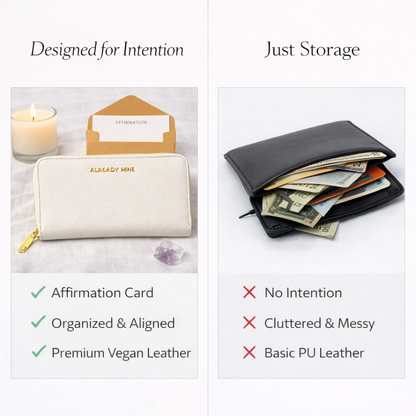 Comparison of ecru Feng Shui manifestation wallet for calm and ease versus a regular wallet showing clutter and stress