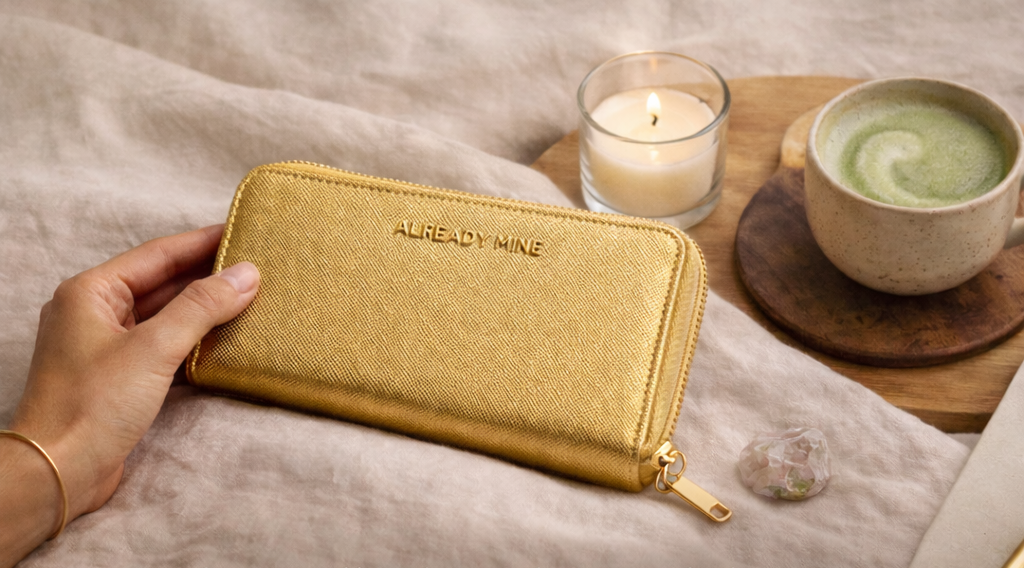 Gold wallet held by a hand with a quote from a verified buyer on a soft surface with a candle and mug.