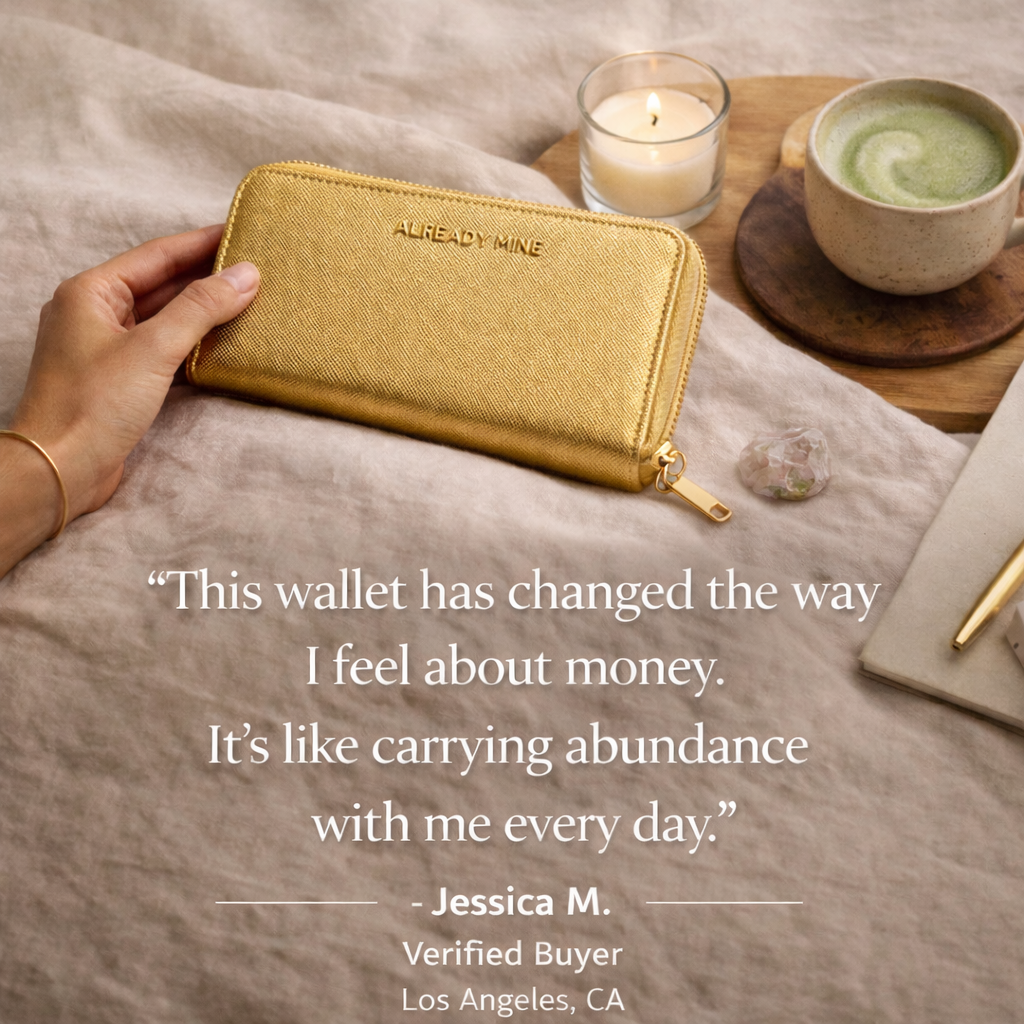 Customer holding a gold manifestation wallet with testimonial about feeling calmer and more confident with money
