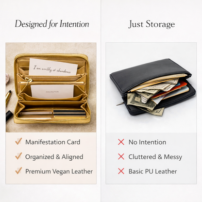 Comparison of gold Feng Shui manifestation wallet versus a regular wallet showing intention versus clutter