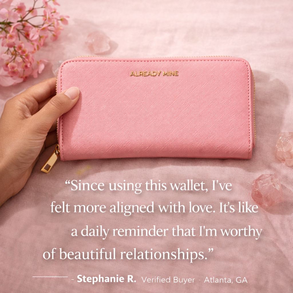 Customer holding a pink manifestation wallet designed to support love and relationships