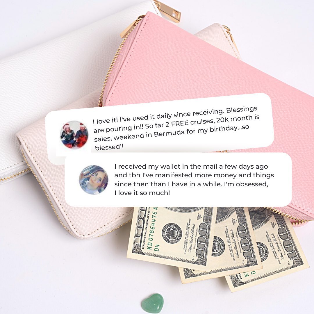 Customer holding a already mine pink manifestation wallet for love and money,
