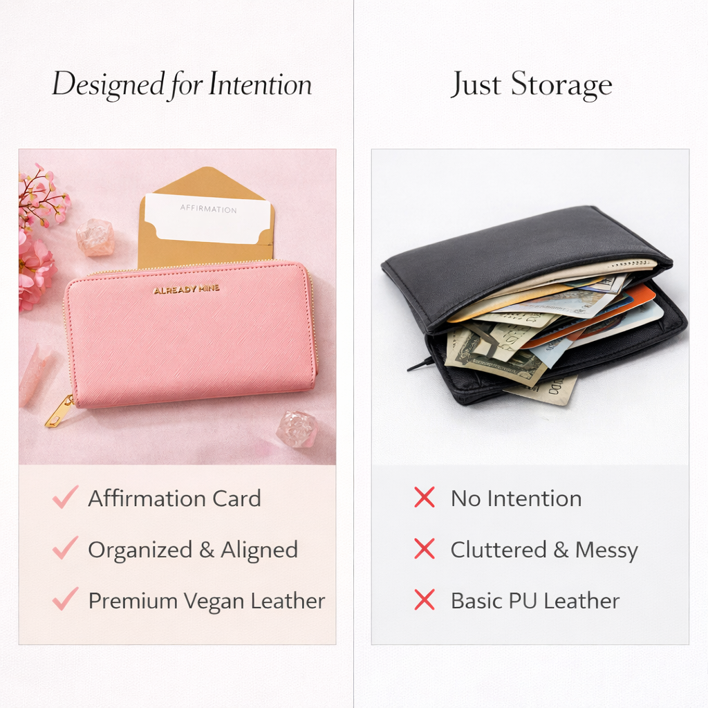 Comparison of pink Feng Shui manifestation wallet for love versus a regular wallet showing intention and emotional alignment.