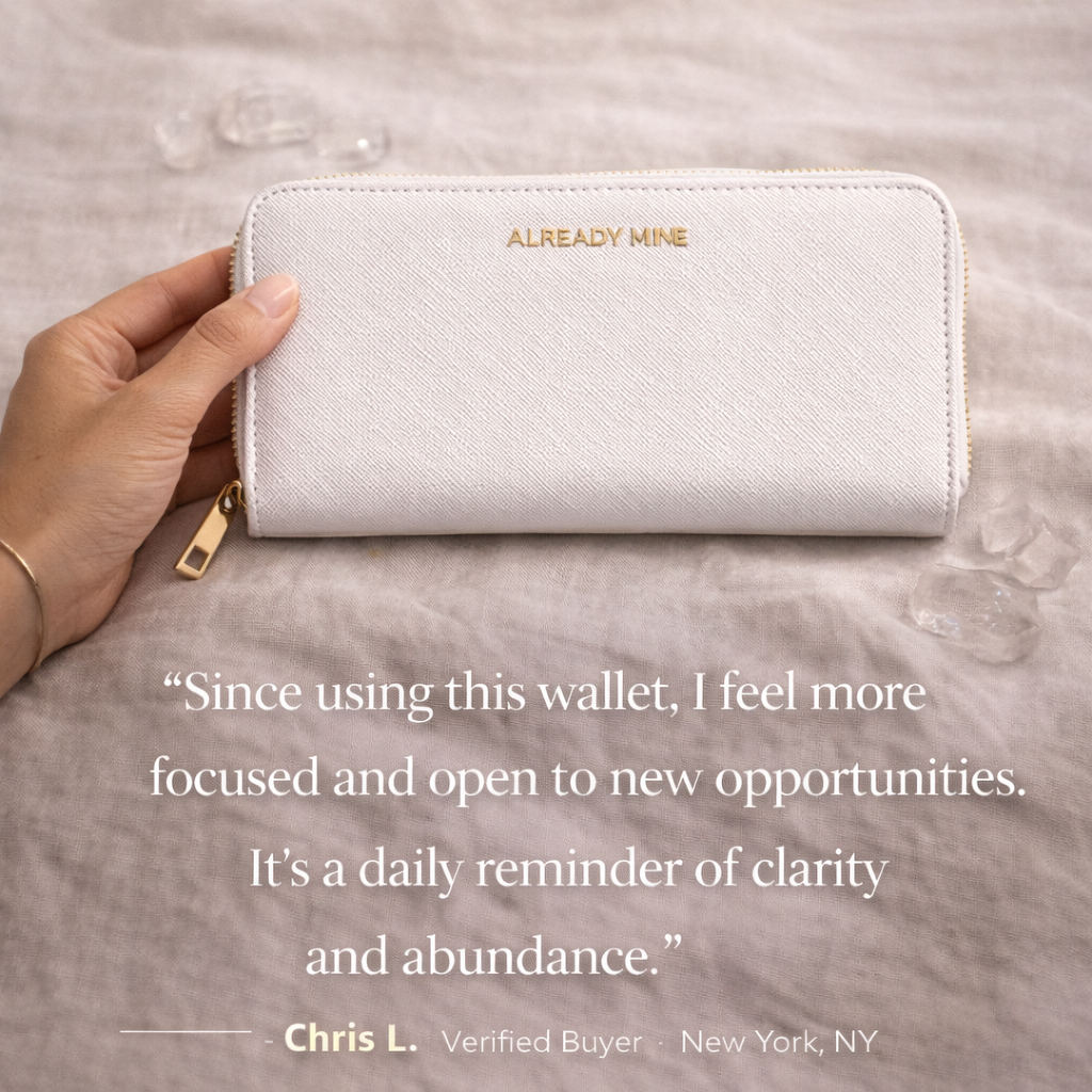 Customer holding a white Feng Shui manifestation wallet designed for clarity and new opportunities
